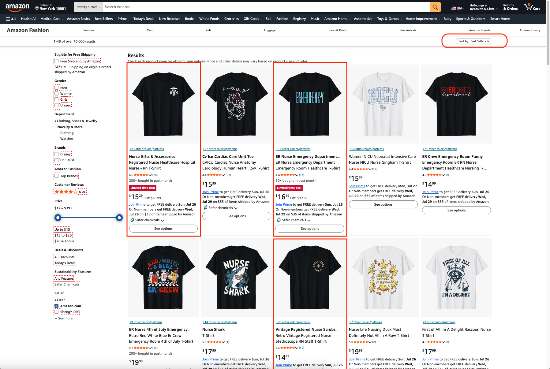 Amazon Merch results sorted by Best Sellers for the nurse niche, with top listings highlighted
